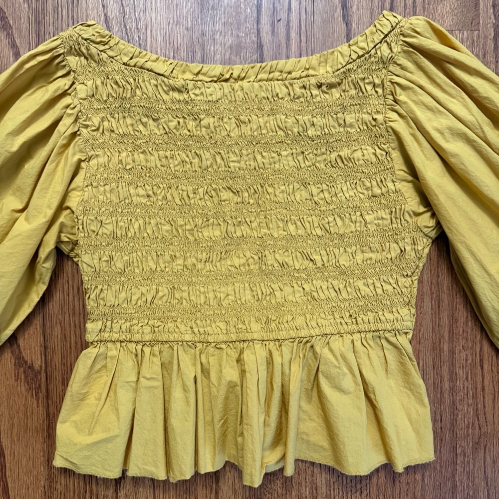 Free People Whoa Yellow Smocked Poplin Off The Shoulder Top size M - Picture 9 of 13